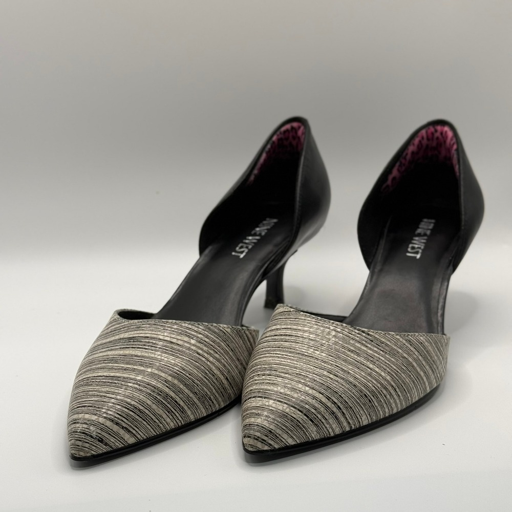 Nine West Womens D Orsay Kitten Heels Pointed Toe Striped Black Grey Pumps 5.5M